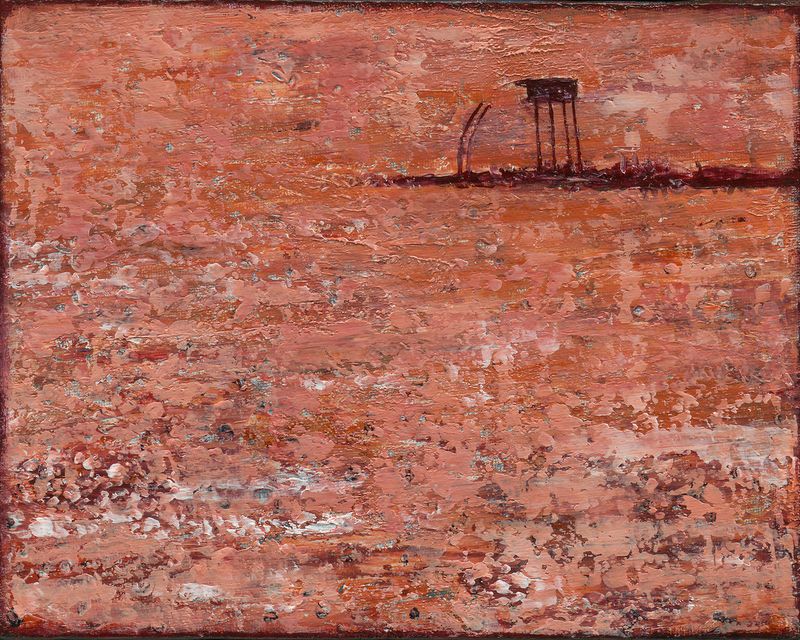Lonely old bore water station in a stark, terra-cotta colored, dry desert in Australia&#39;s Red Centre.