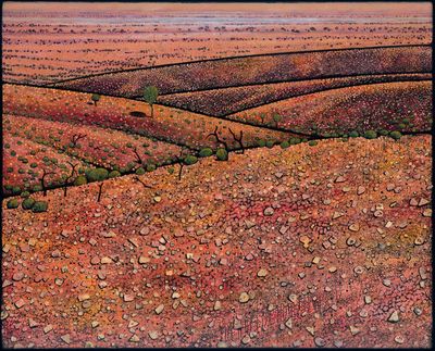 Bold, densely coloured &amp; textured fine art print of the stony hills of Mundi Mundi. Australian desert landscape, with strong black lines and multicoloured rocky terrain, contrasting with a violet mirage in the distance.  