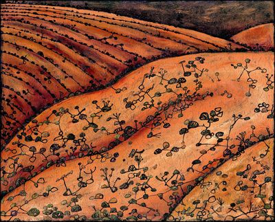 Bold harsh Mundi Mundi hills desert Australian landscape with textured deep orange and black features. Very powerful artwork.