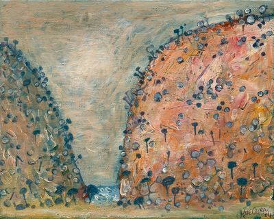 Typical outback colours of this Gap in the McDonnell Ranges, near Alice Springs, make this limited edition fine art print a good choice for your home. In Australian bright and muted colours with stark tree silhouettes on the horizons.