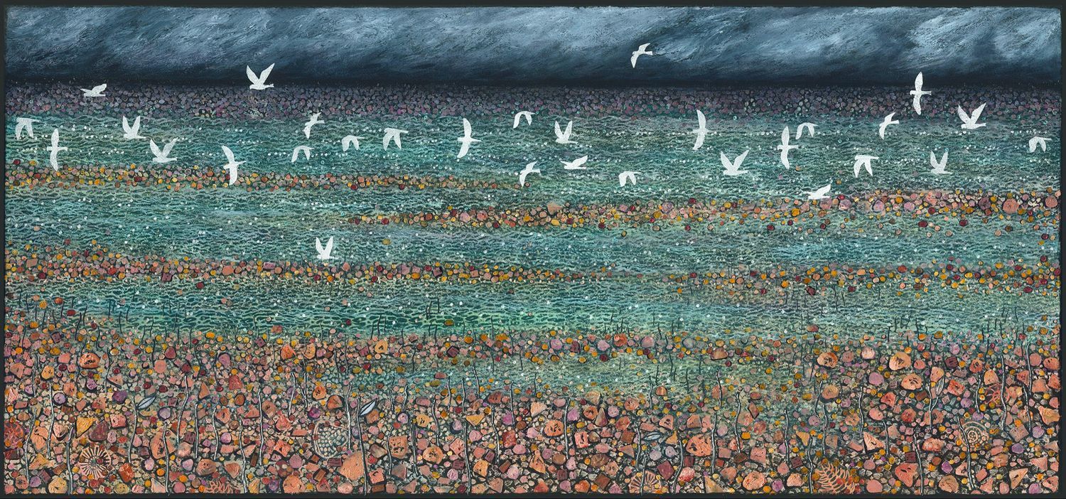 Very large and beautiful textured fine art print of Australian desert in flood with white cockatoos flying across the landscape.