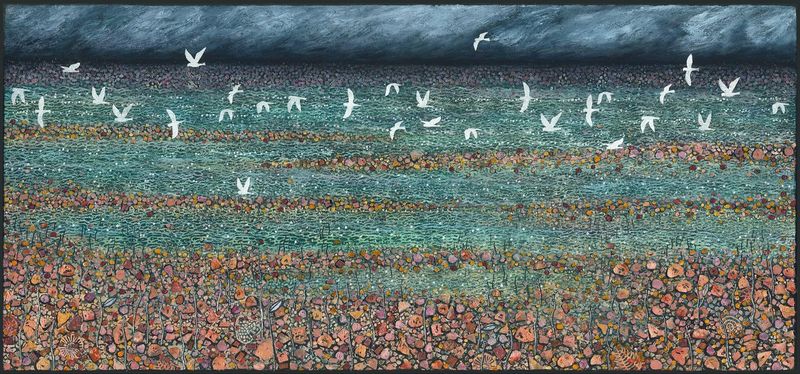 Very large and beautiful textured fine art print of Australian desert in flood with white cockatoos flying across the landscape.