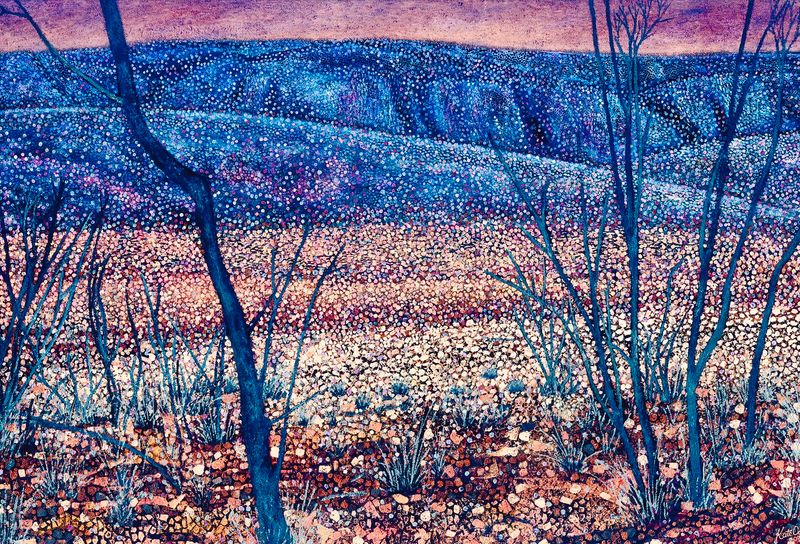 Pointallist Central Australian scene of the McDonnell Ranges with bold dotted style landscape, trees, rocks and deep purple hills.