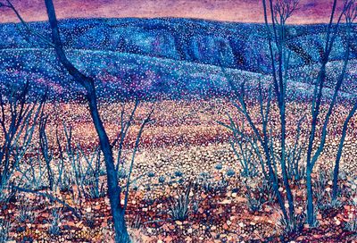 Pointallist Central Australian scene of the McDonnell Ranges with bold dotted style landscape, trees, rocks and deep purple hills.