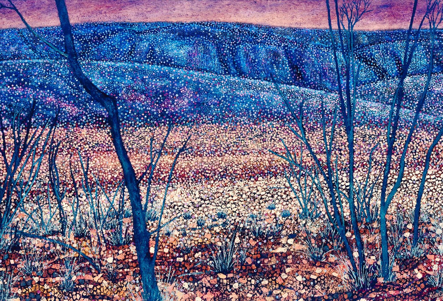 Pointallist Central Australian scene of the McDonnell Ranges with bold dotted style landscape, trees, rocks and deep purple hills.
