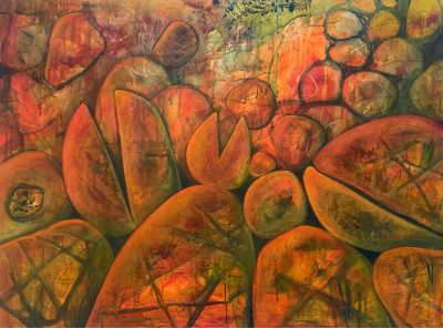 Central Australia's Devil's Marbles mystical Aboriginal site landscape with bold layered design, strong shapes &amp; orange &amp; green color palette.