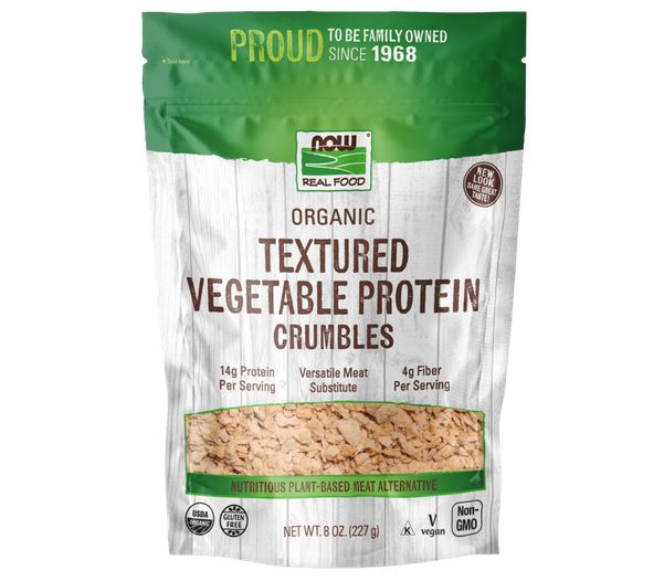 NOW TEXTURED VEGETABLE PROTEIN CRUMBLES, 8OZ ORGANIC