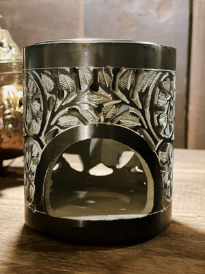 Encensoir noir à bougie (sans charbon) à volutes sculpté avec grille et soucoupe pour liquides
