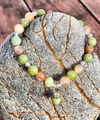 « Amitié » serpentine, pierre de lune rose et cristal de roche bracelet 