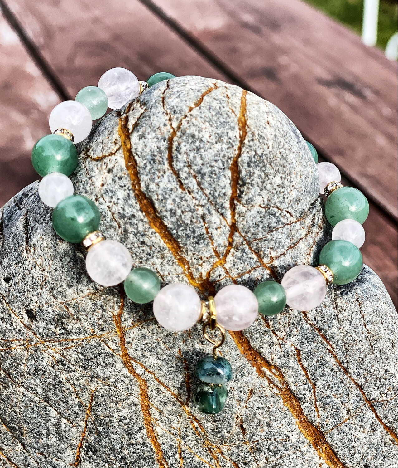 « Amour » quartz rose , aventurine verte et agate mousse bracelet 