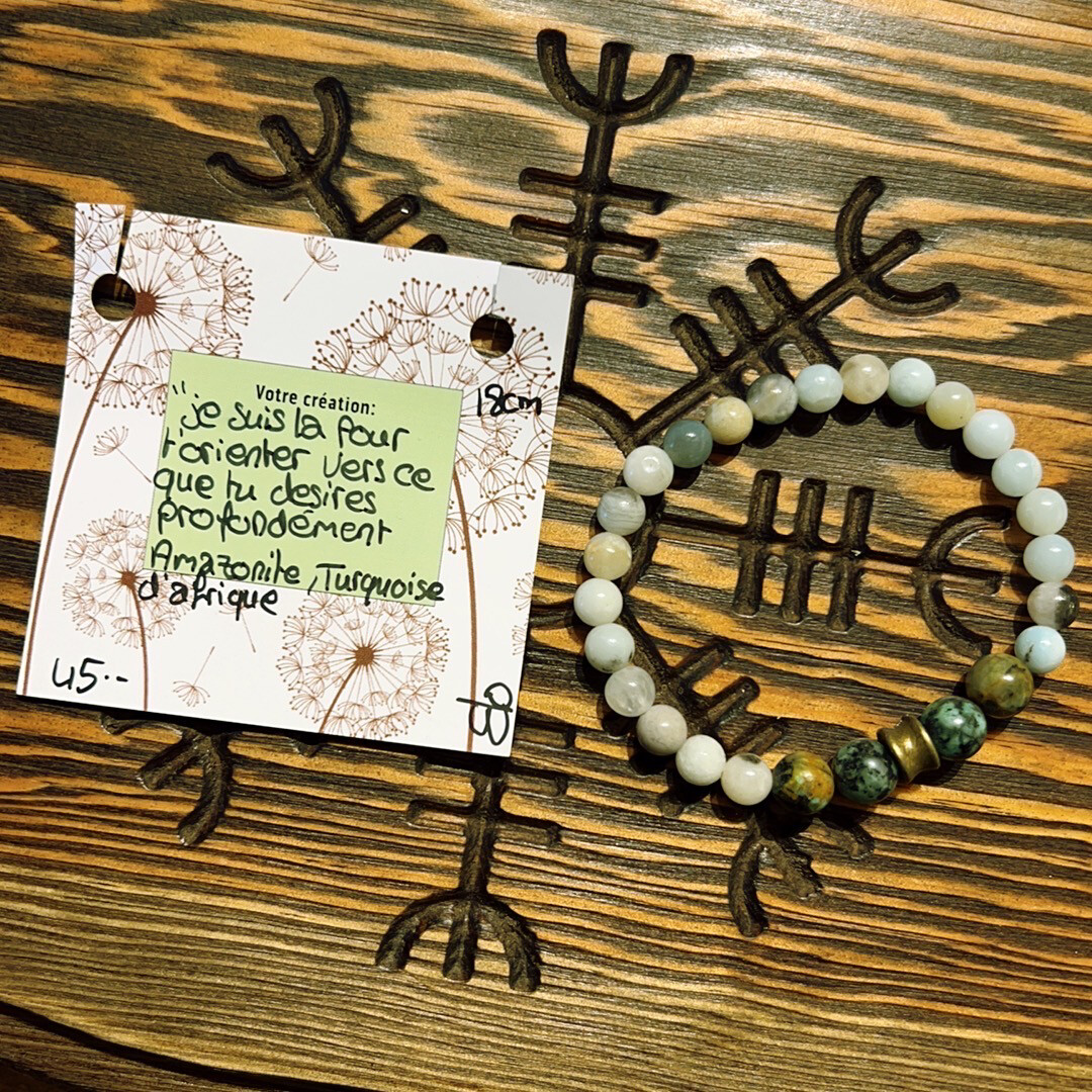 Bracelet atelier de féérie « je suis là pour t’orienter vers ce que tu désires profondément » amazonite, turquoise d’Afrique 18cm 