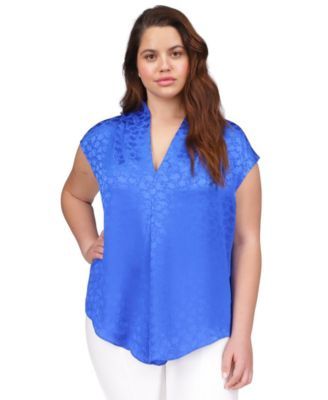 Michael Kors Plus Size Fleur Jacquard V-Nec Grecian Blue 1X