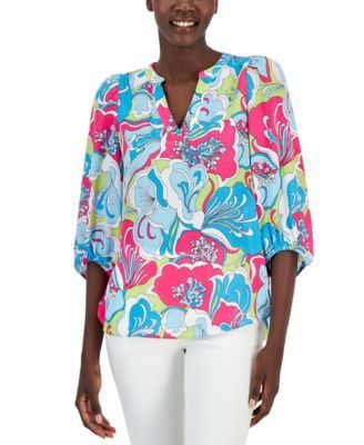 Anne Klein Womens 34-Sleeve Split-Neck Tropical Blue Multi XXL