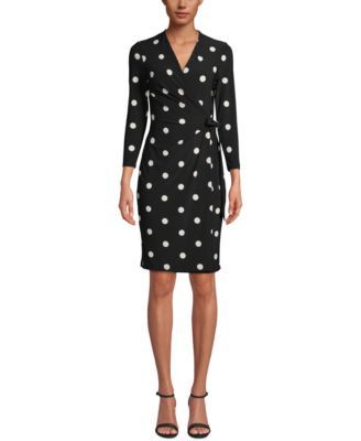 Anne KleinAnne Klein Women&#39;s Dot Print Faux Wrap Dress in Anne Black/Anne White Size Large Three-Quarter-Sleeve Faux-Wrap Anne BlackWhite Dot Print L