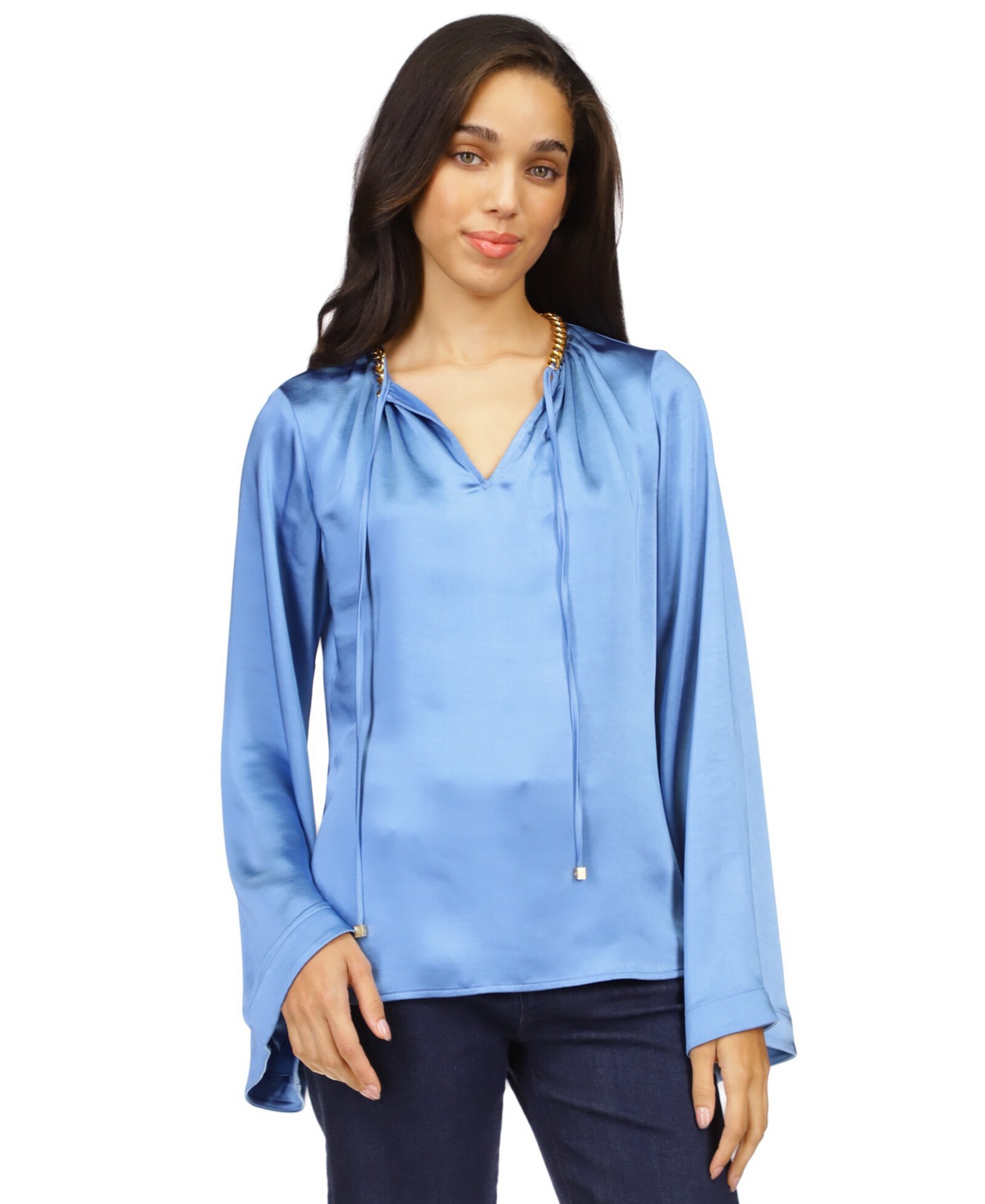 Michael Michael Kors Women's Satin Bell-Sleeve Chain-Neck Top - Blueberry - Imagen 2 de 2