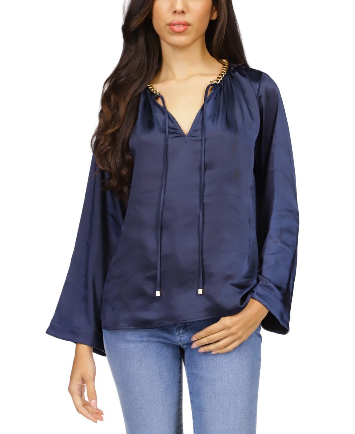 Michael Michael Kors Women&#39;s Satin Bell-Sleeve Chain-Neck Top - Midnight Blue