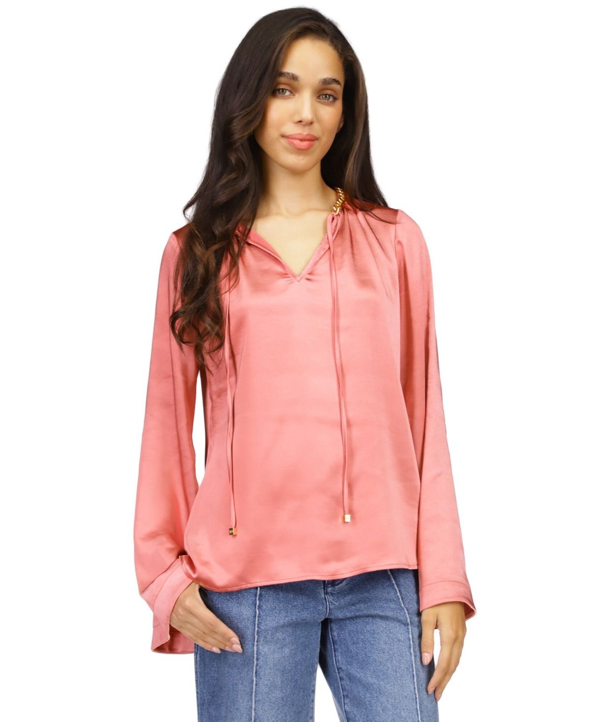 Michael Michael Kors Women&#39;s Satin Bell-Sleeve Chain-Neck Top, Regular &amp; Petite - Dusty Rose
