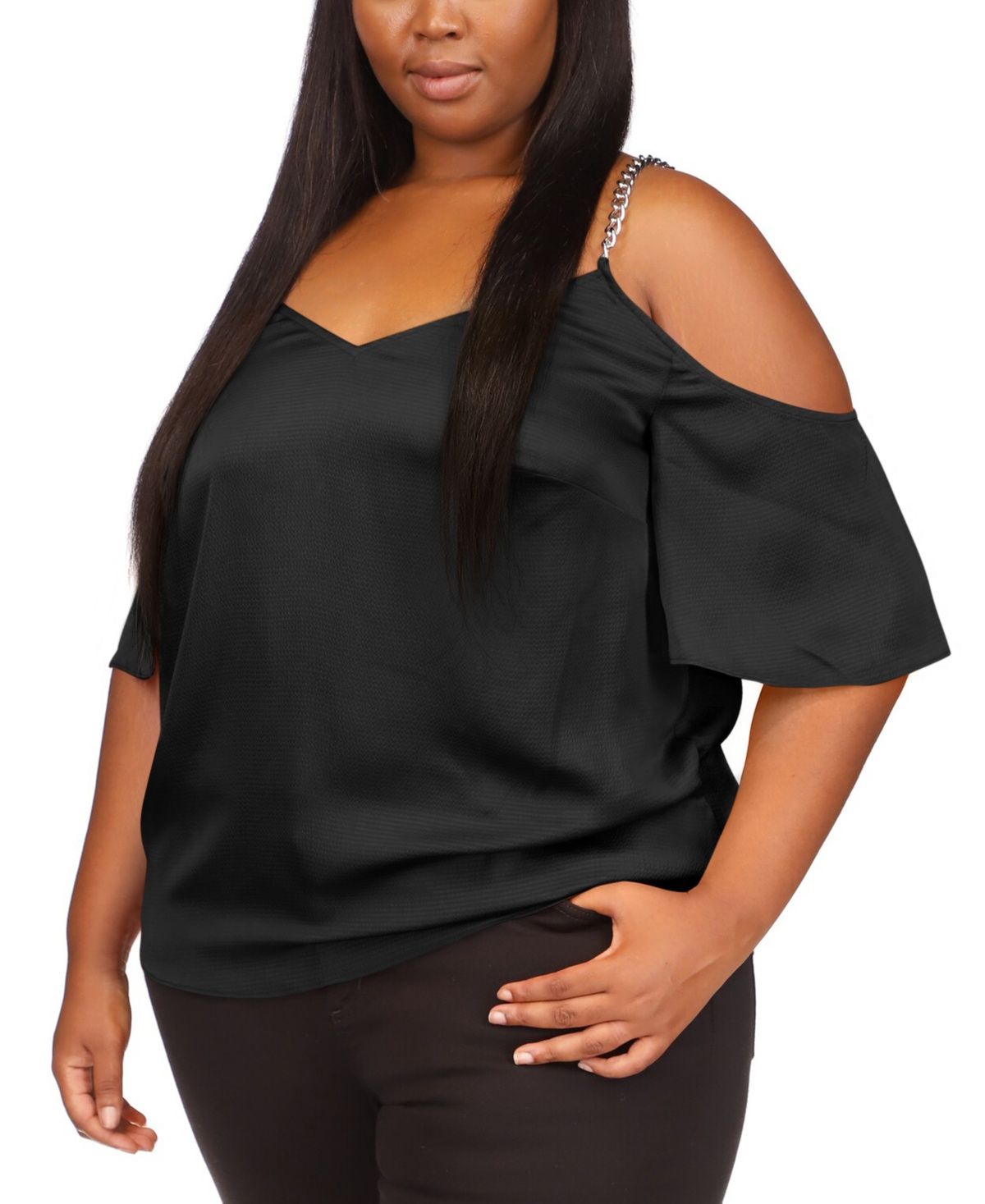 Michael Michael Kors Plus Size Cold-Shoulder Chain Strap Top - Black