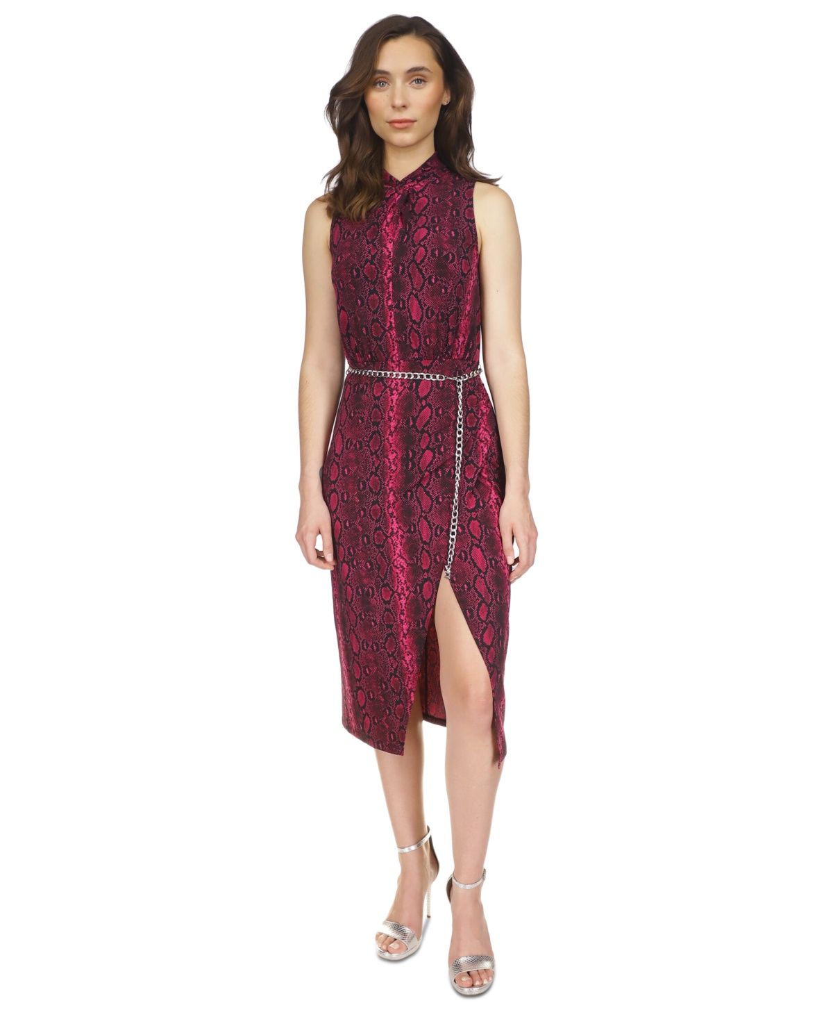 Michael Michael Kors Women&#39;s Snakeskin-Print Chain-Belt Sleeveless Dress - Deep Fuchsia