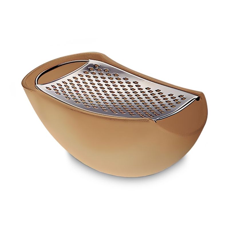 A Di Alessi Parmenide Grater with Cheese Cellar in Thermoplastic Resin, Ice and Steel Mirror Polished