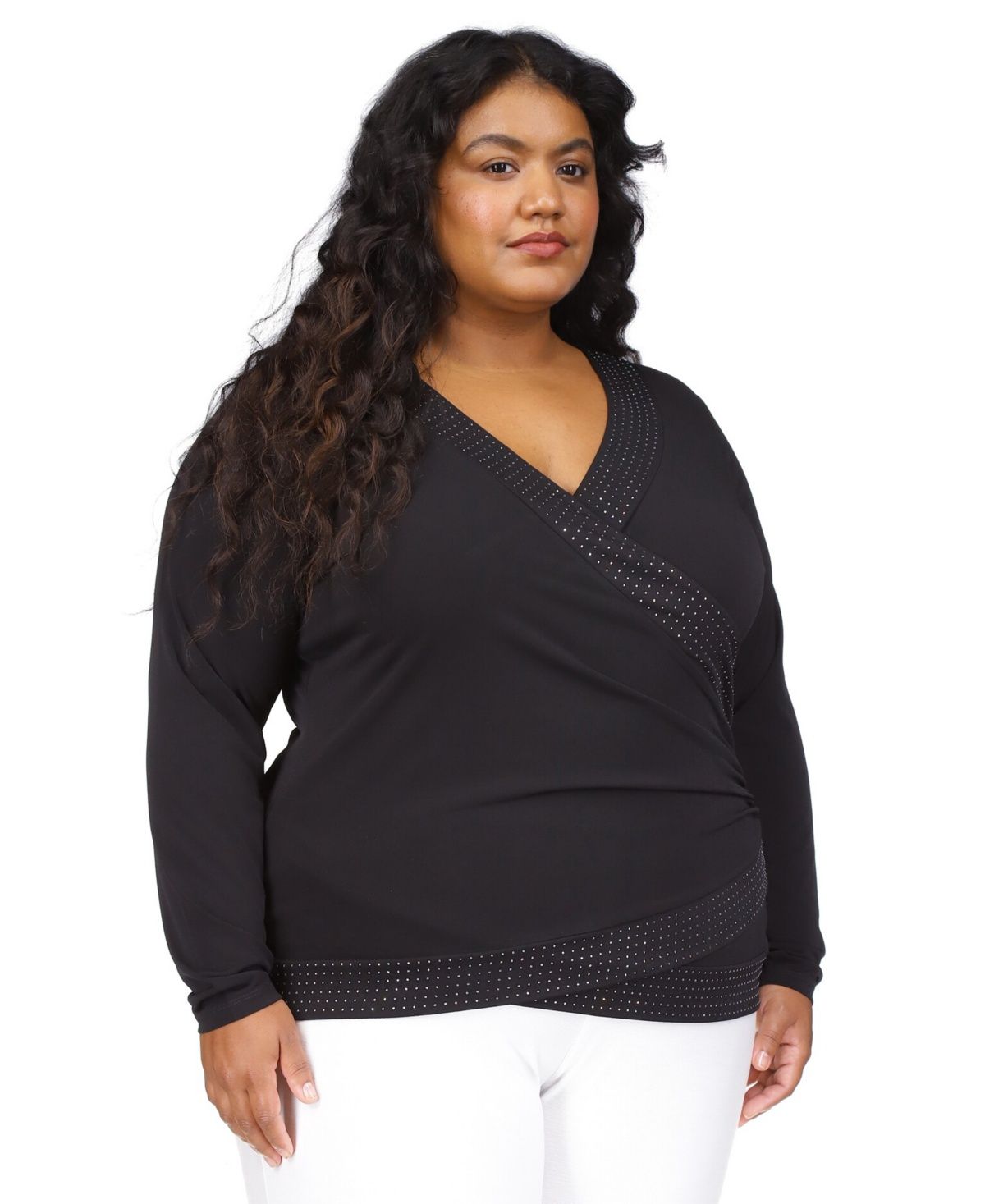 Michael Michael Kors Plus Size Rhinestone-Trim Crossover Top - Black