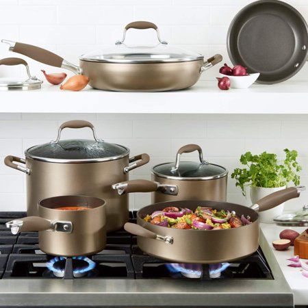 Anolon Advanced Home 11pc Set Bronze: Nonstick Cookware, Hard Anodized Aluminum, Gas &amp; Electric Compatible