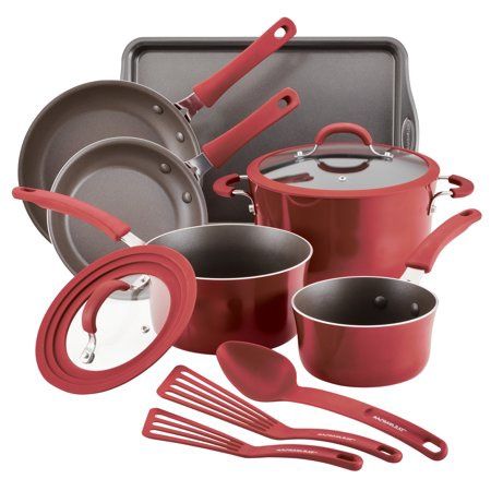 Rachael Ray Cook + Create Aluminum Nonstick Cookware Set, 7 Piece - Red