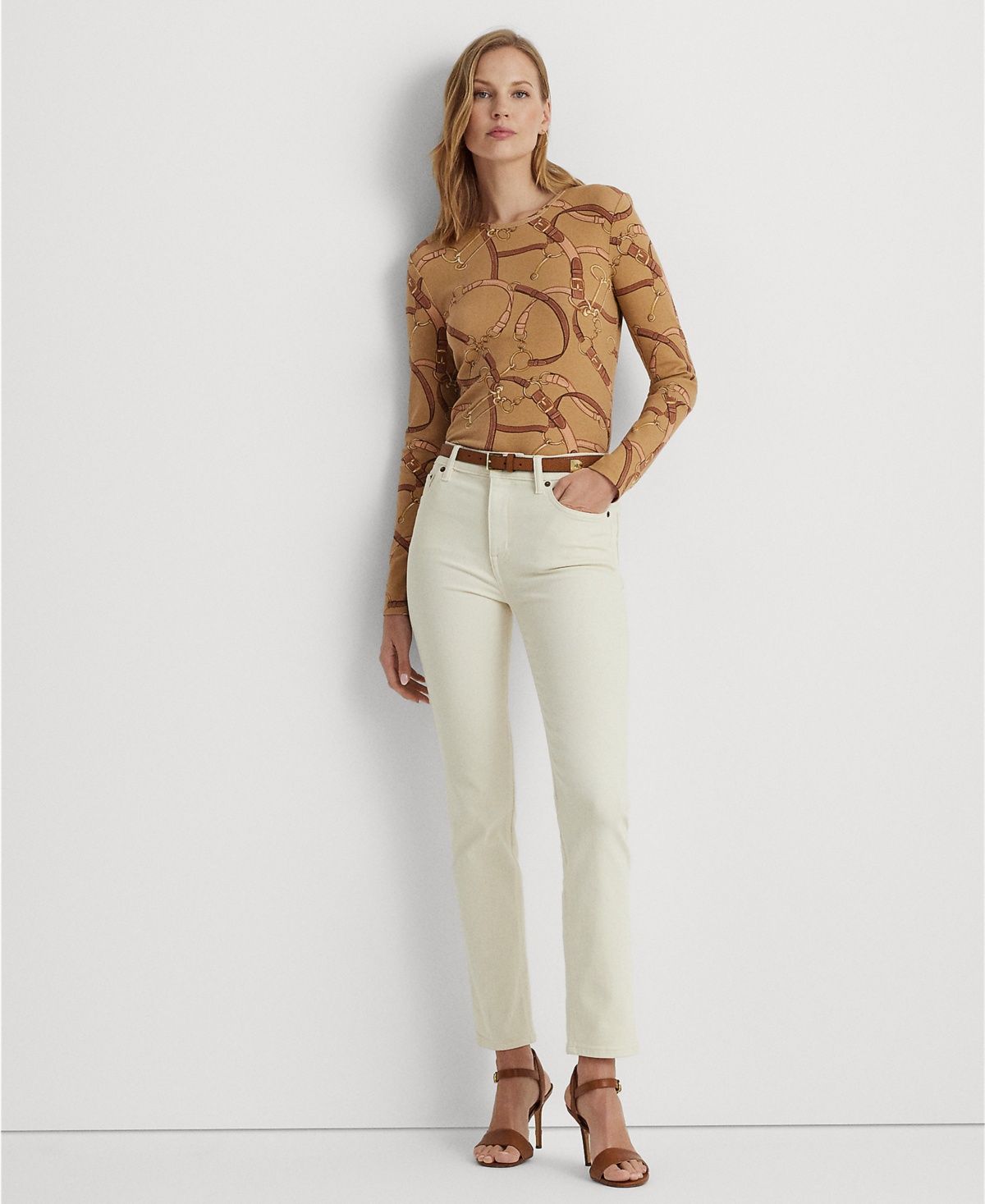 LAUREN Ralph Lauren Belting-Print Cotton Long-Sleeve Tee (Camel Multi) Women&#39;s Clothing
