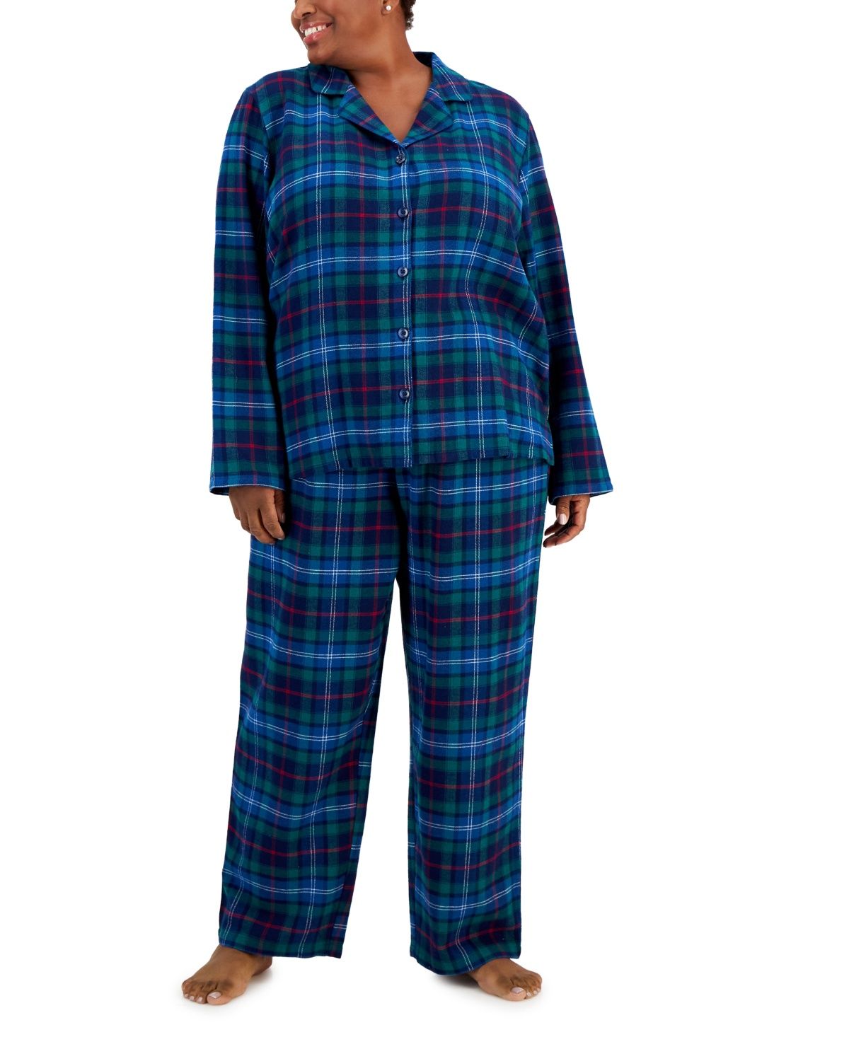 Matching Family Pajamas Plus Size Cotton Plaid Notched Pajamas Set, - Family Plaid