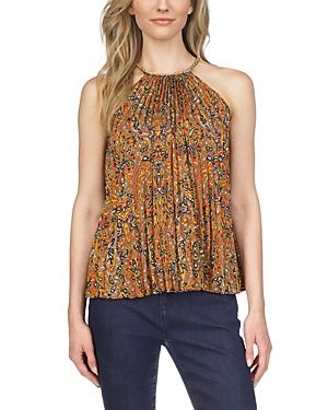 Michael Michael Kors Women&#39;s Paisley Pleated Chain Top, Regular &amp; Petite - Bright Terracotta