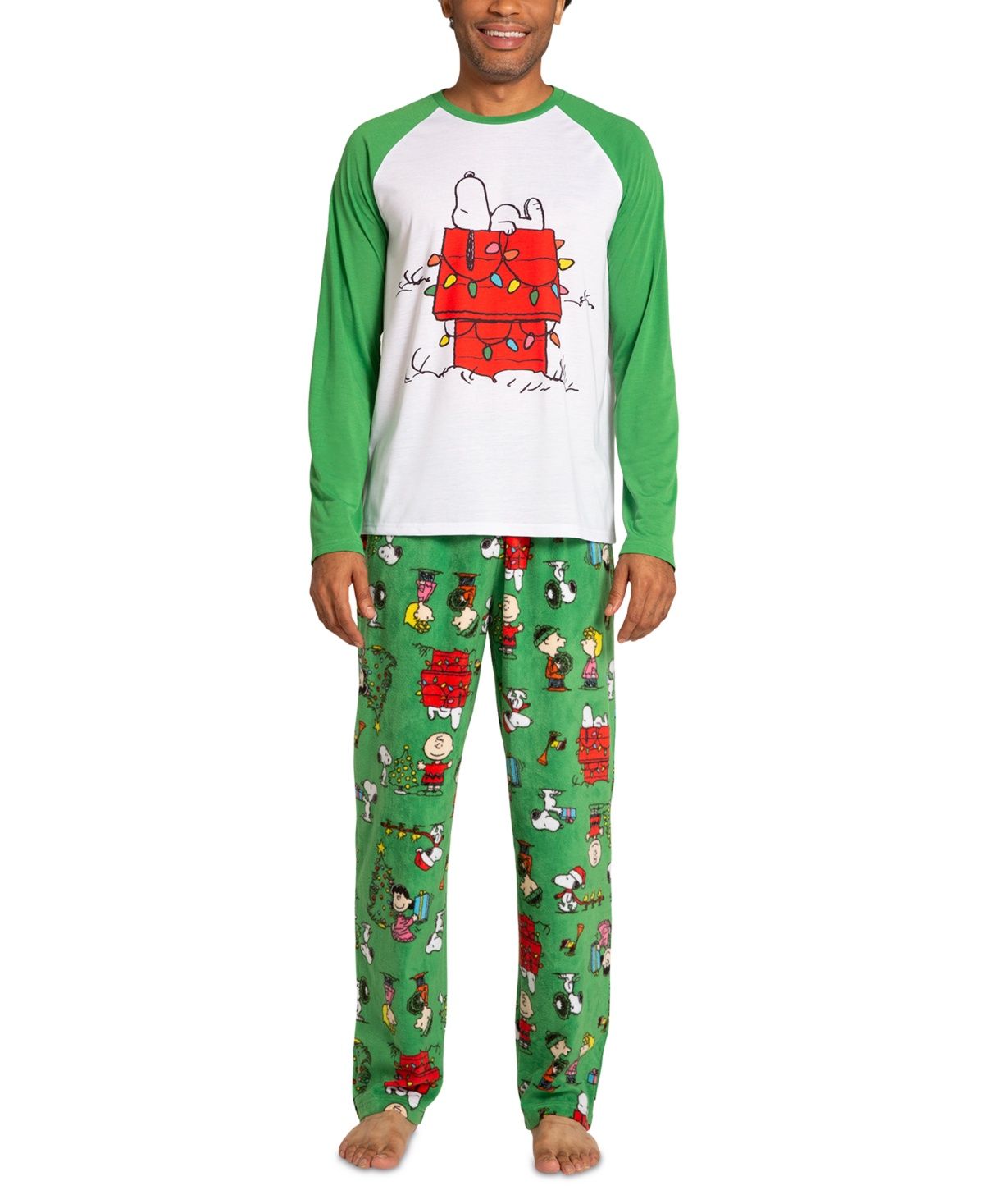 Briefly Stated Matching Men&#39;s Peanuts Raglan-Sleeve Top and Pajama Pants Set - Green
