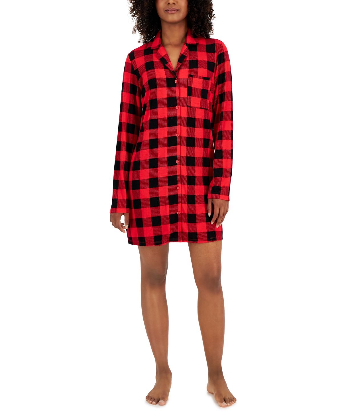 Jenni Women&#39;s Notched-Collar Long-Sleeve Sleepshirt, - Buffalo Check