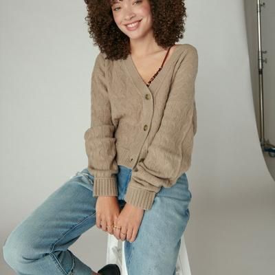 Lucky Brand Women&#39;s Cozy Cable-Knit Button-Front Cardigan - Goat