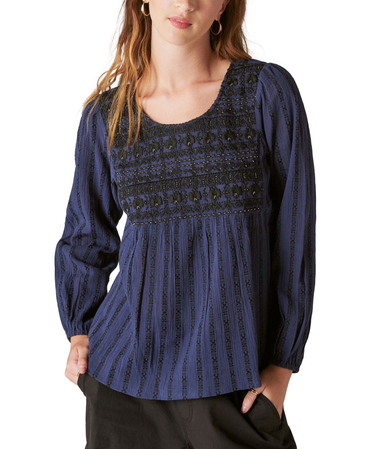 Lucky Brand Beaded Embroidered Peasant Top (Navy) Women&#39;s Clothing
