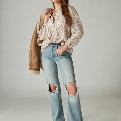 Lucky Brand Smocked Button Through Blouse (Whisper White Multi) Women&#39;s Clothing
