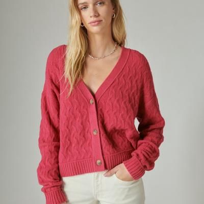 Lucky Brand Cozy Cable Stitch Cardigan - Women&#39;s Clothing Tops Sweaters in Red Bud, Size L