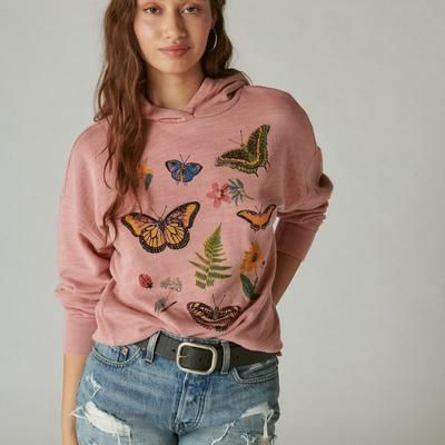 Lucky Brand Butterfly Floral Motif Pullover - Women&#39;s Clothing Outerwear Tops Sweatshirts Crewneck Pullovers in Antler, Size XL