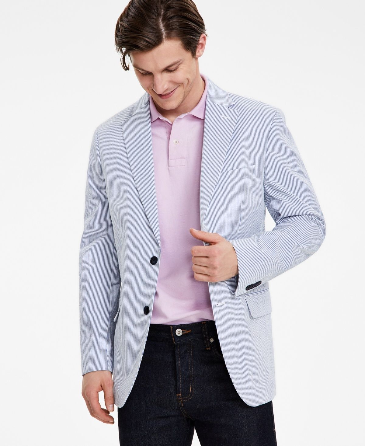 Tommy Hilfiger Modern Fit Seersucker Men&#39;s Suit Separates Jacket Blue/White Seersucker - Size: 44 Long