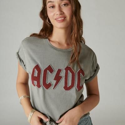 Lucky Brand Women&#39;s Short Sleeve Beaded Acdc Graphic Boyfriend T-Shirt, X-Large