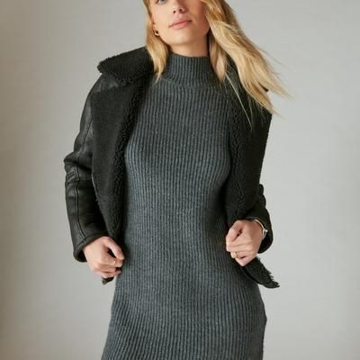 Lucky Brand Women&#39;s Mock Neck Knit Sweater Dress - Dark Gray Heather Combo