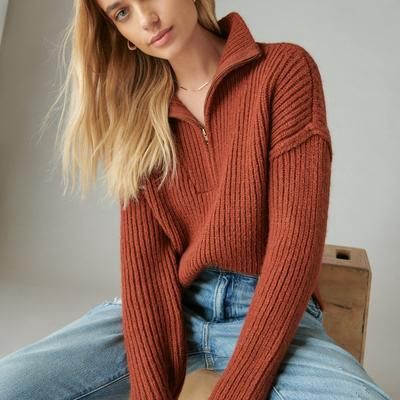 Lucky Brand Women&#39;s Half-Zip Knit Pullover Sweater - Terracotta