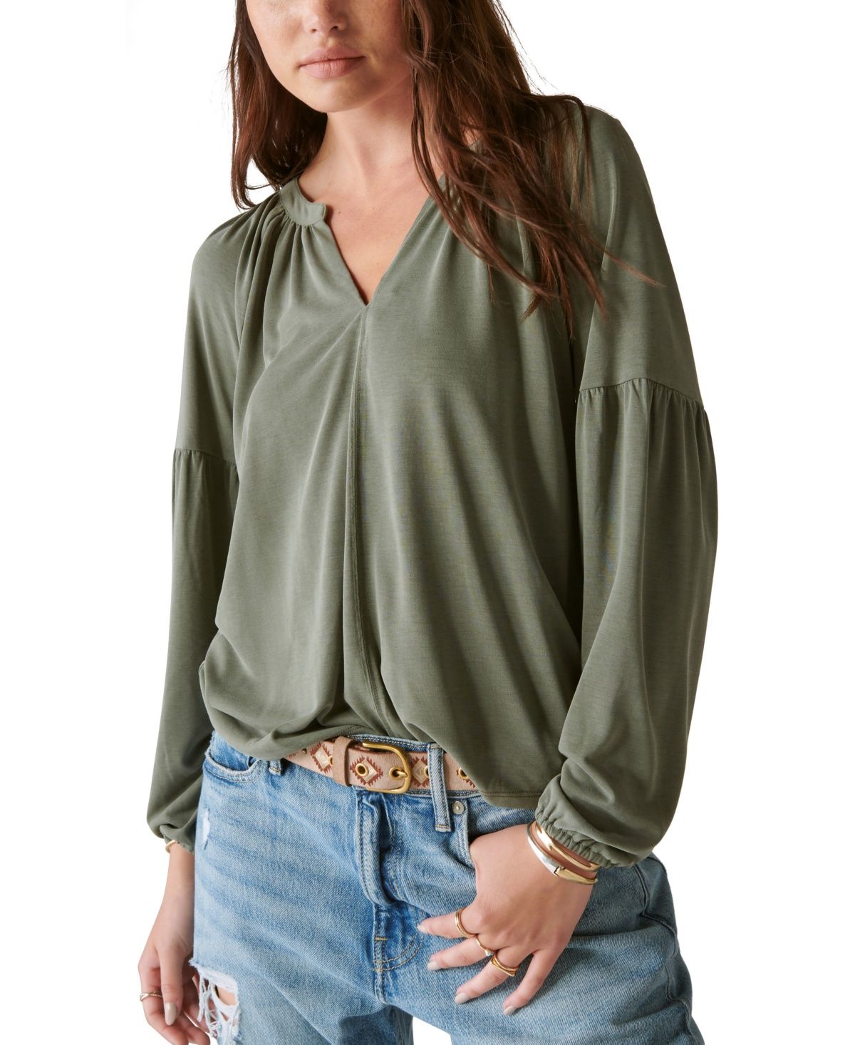 Lucky Brand Long Sleeve Notched Neck Sandwash Top Women&#39;s Clothing Dusty Olive : MD (US 8-10), Modal/Polyester