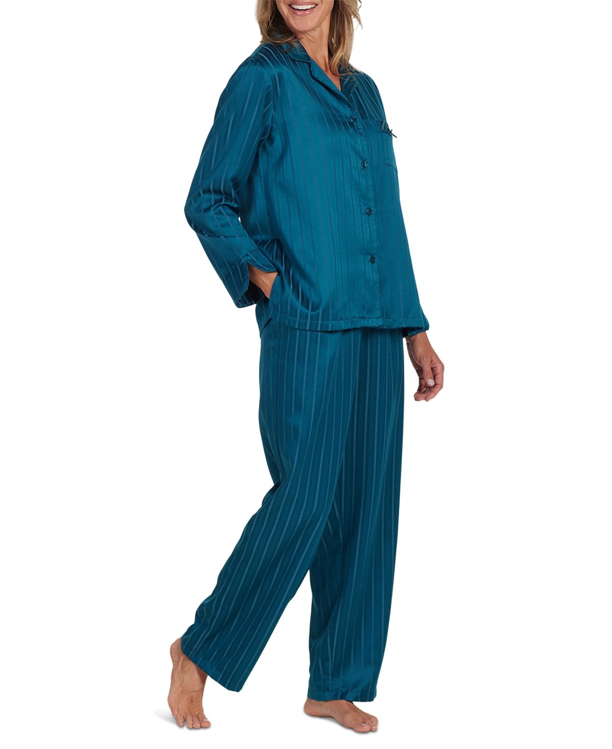 Miss Elaine Women&#39;s 2-Pc. Striped Notched-Collar Pajamas Set - Teal