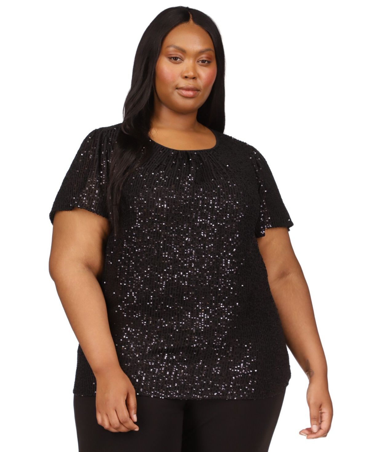 Michael Michael Kors Plus Size Sequined Short-Sleeve Top - Black