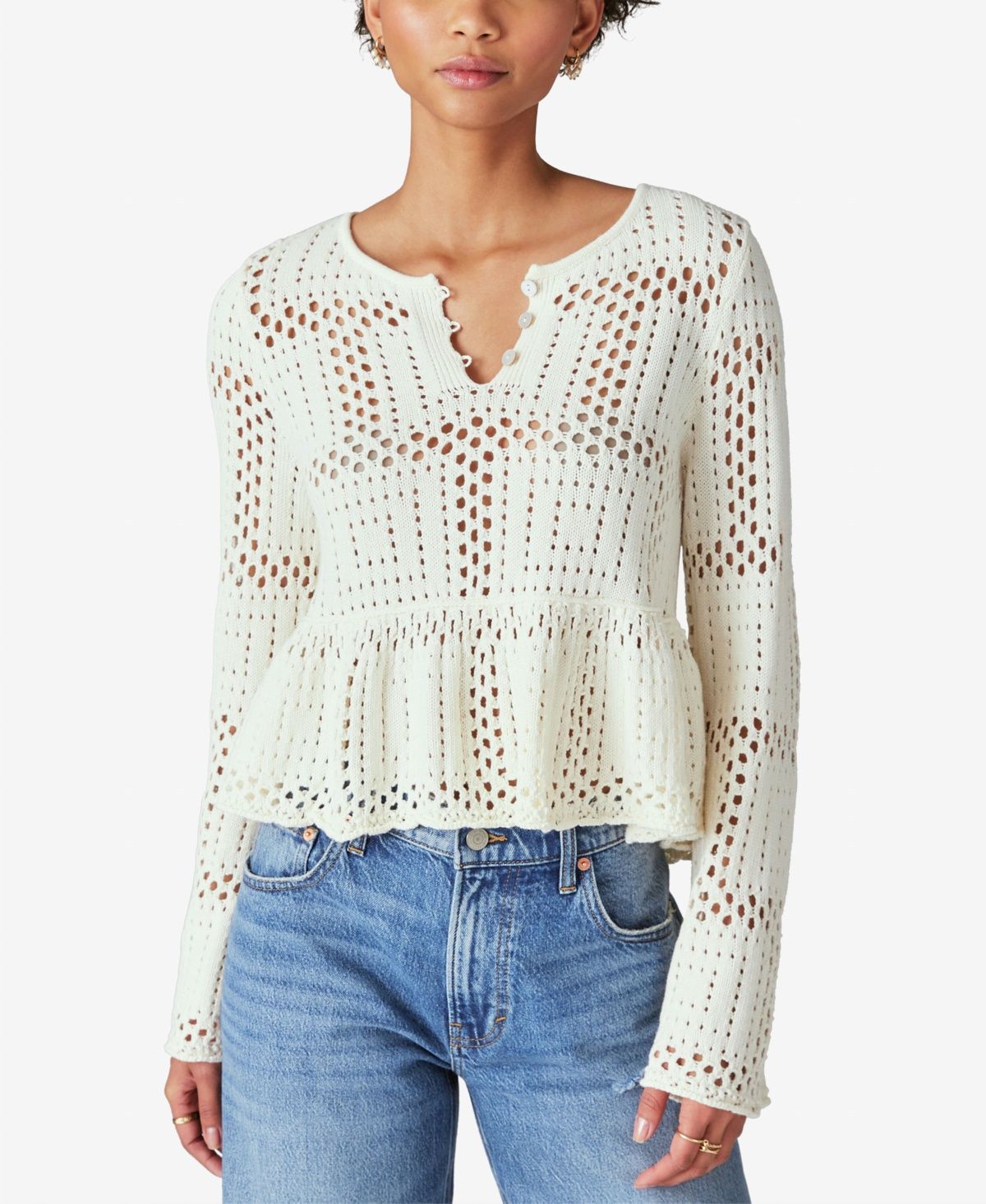 Lucky Brand Open Stitch Peplum Long Sleeve Sweater (Cream) Women&#39;s Clothing