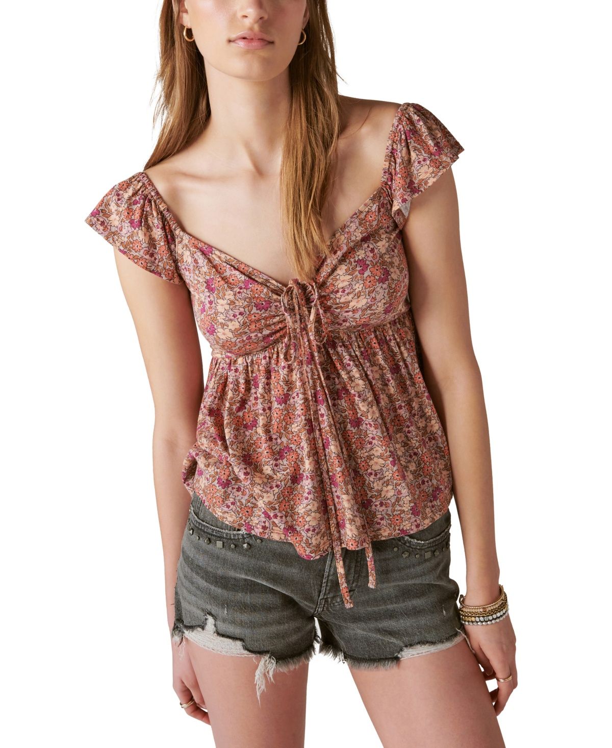 Lucky Brand Women&#39;s Floral-Print Peplum Top - Fawn Multi