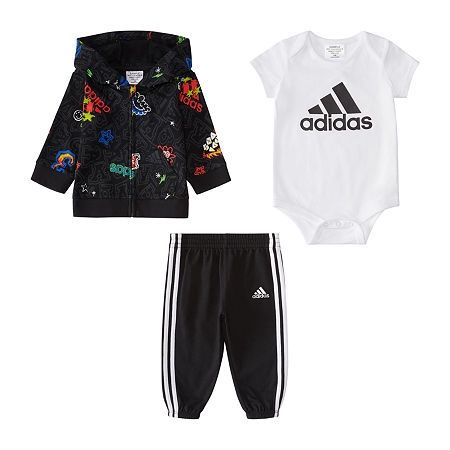 Adidas Baby Boys Jacket, Bodysuit and Joggers, 3 Piece Set - Black with Multi