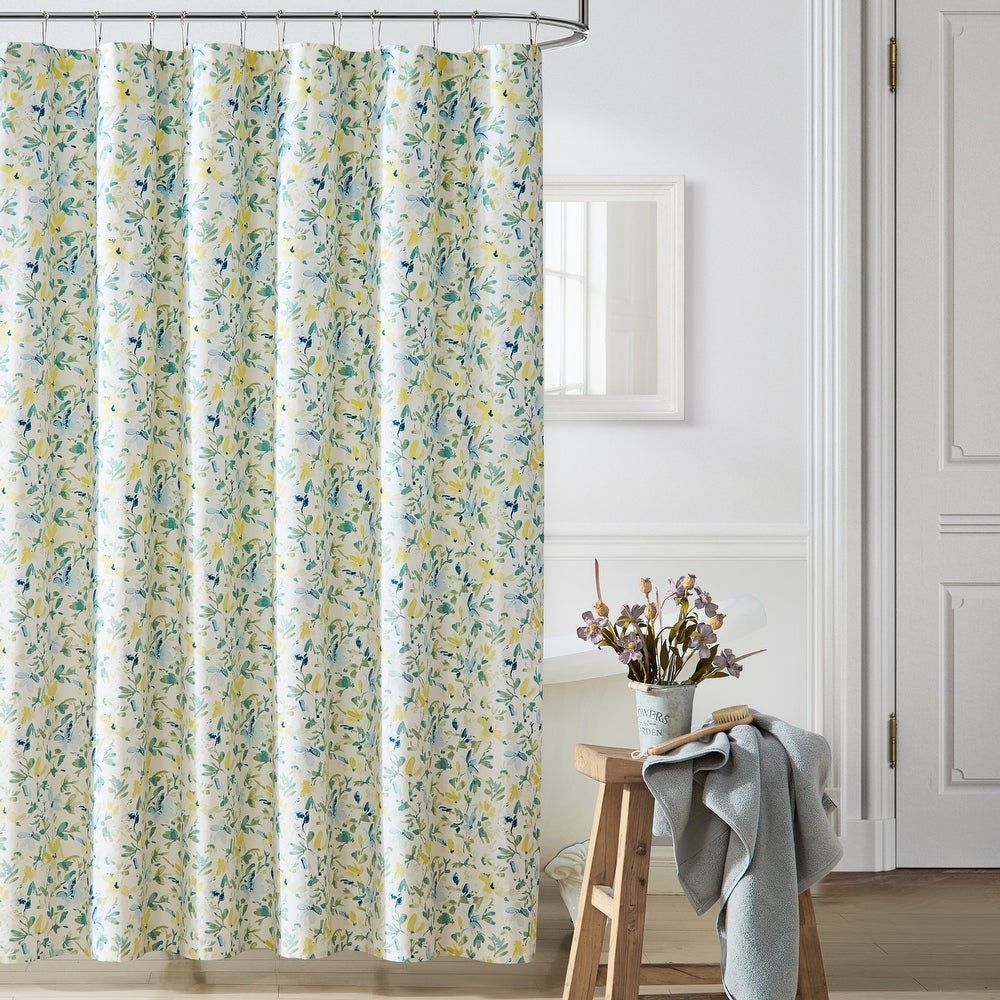 Nora 1-Piece Blue Floral Cotton 72 in. X 72 in. Shower Curtain