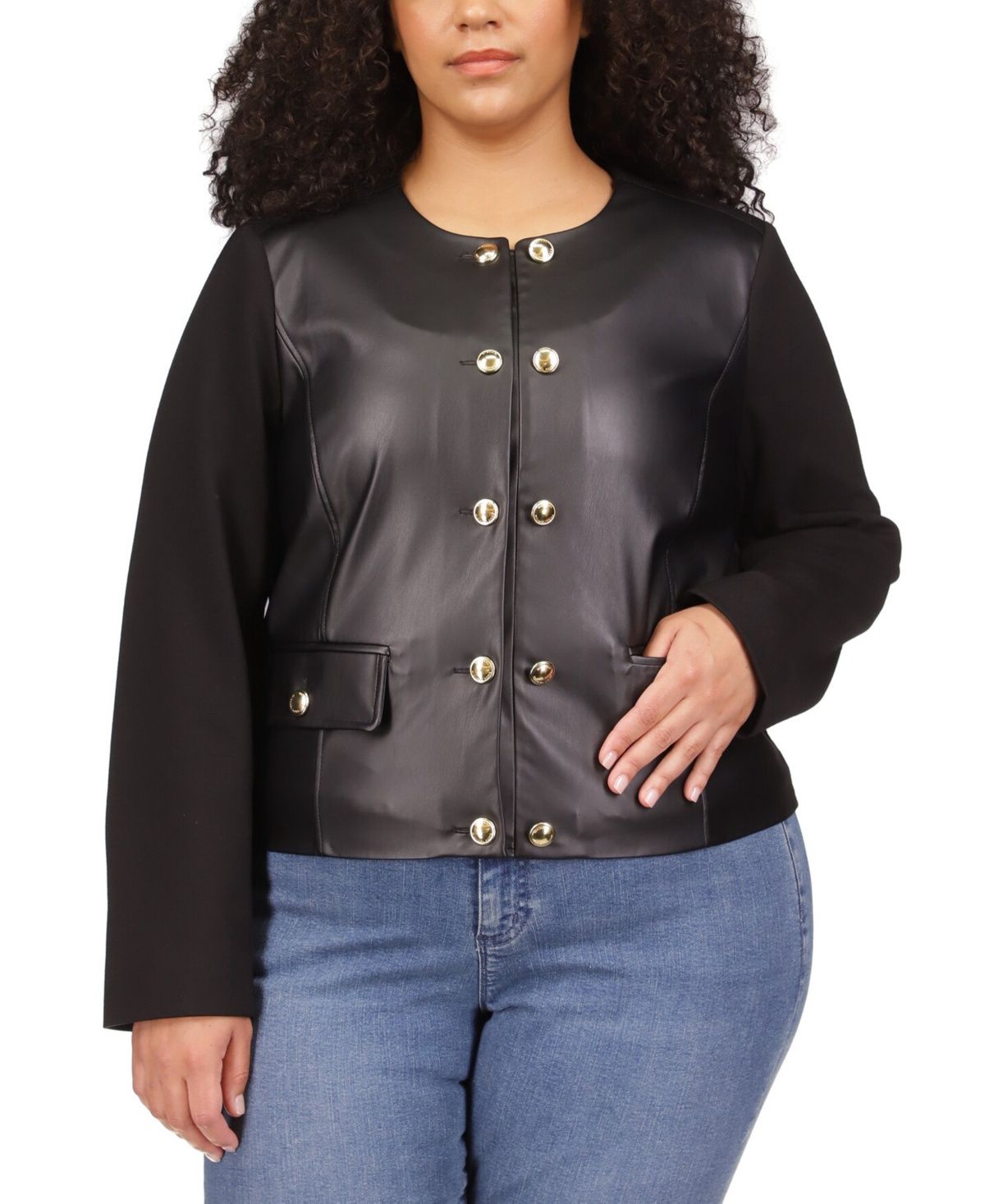 Michael Michael Kors Plus Size Faux Leather Button Jacket - Black