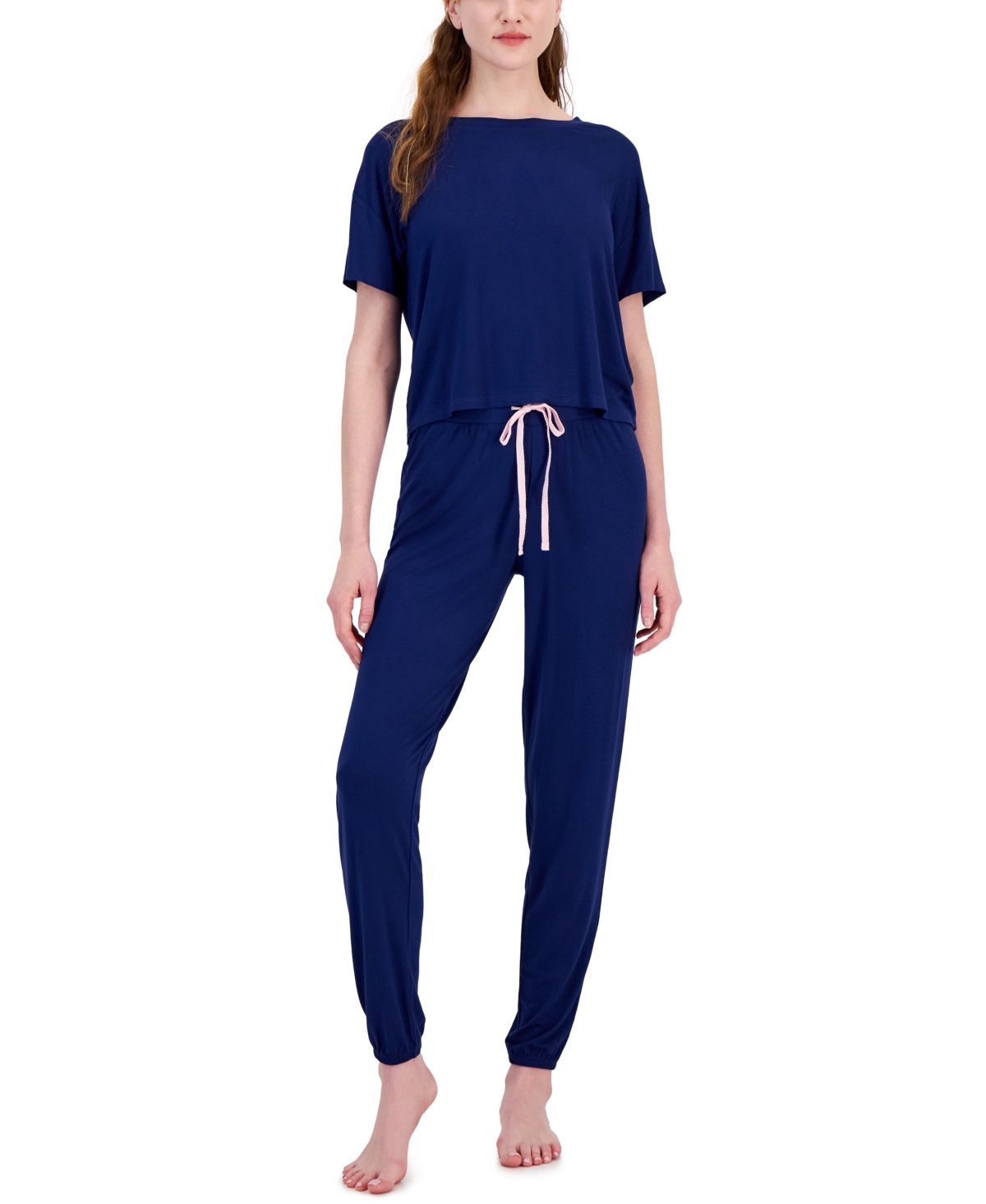 Jenni Women&#39;s 2-Pc. Short-Sleeve Jogger Pajamas Set, - Deepest Sapphire